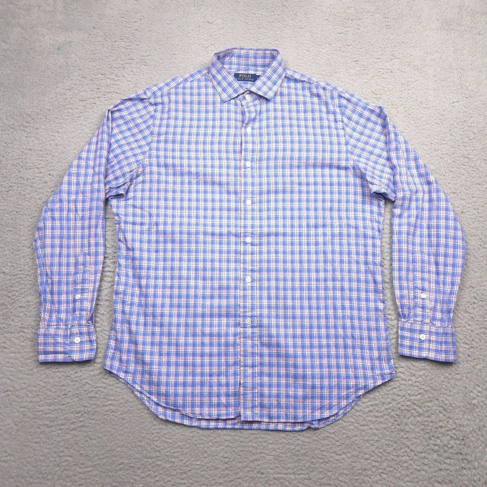 Polo Ralph Lauren Button Down Shirt Men L Blue Pink Plaid Cotton Long Sleeve